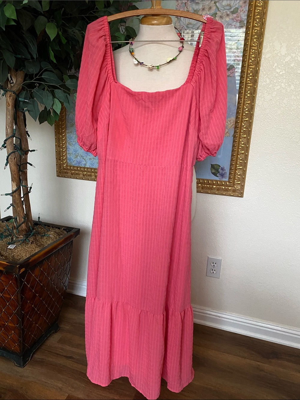 New Look Coral-Pink Square Neck Puff Sleeve Maxi Dress